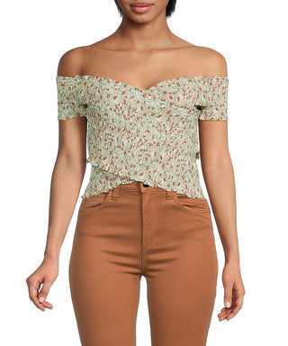 BB Dakota Women's Light Sage Off the Shoulder Smocked Crop Top Size Large