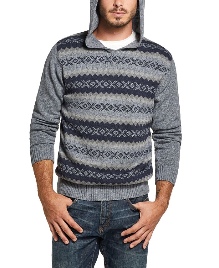 Vintage Men's Jacquard Knit Sweater Hooded Blue Size X-Large