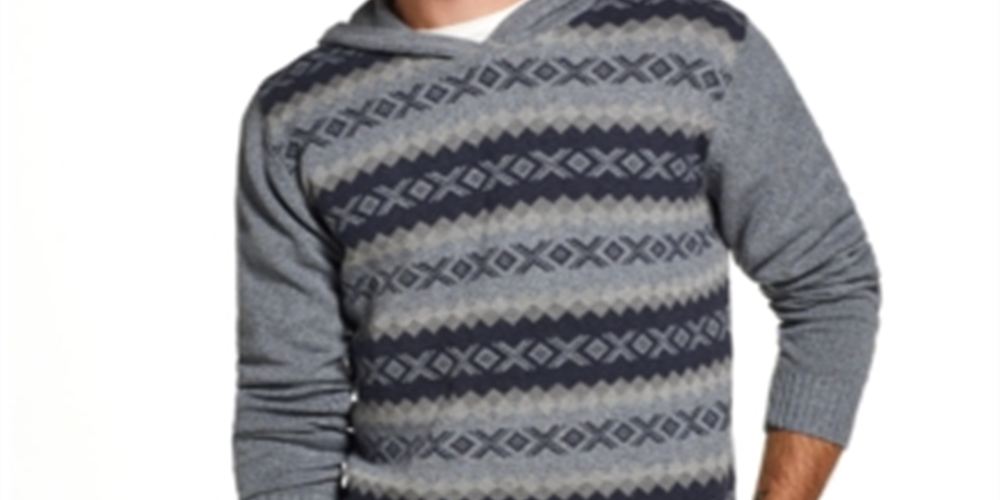 Vintage Men's Jacquard Knit Sweater Hooded Blue Size X-Large