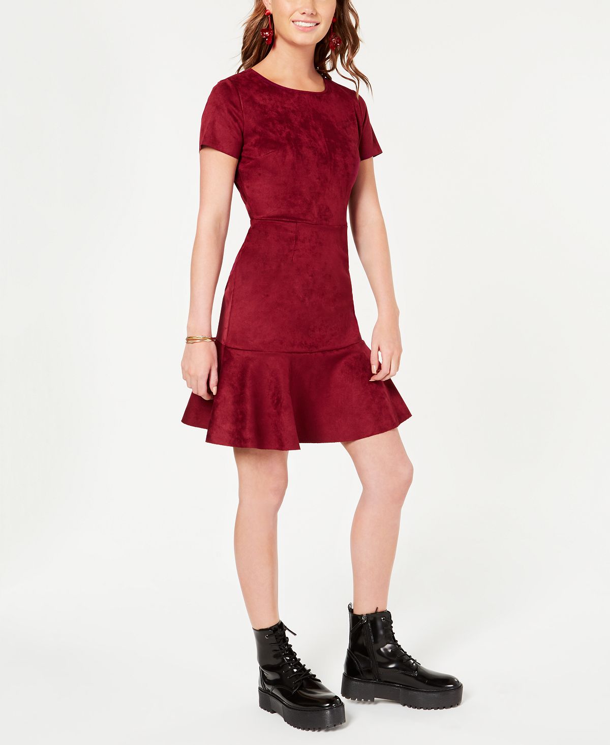 Rosie Harlow Women's Faux Suede Short Sleeve Jewel Neck Short Sheath Dress Red Size Small