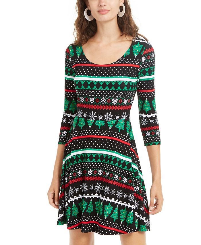 Planet Gold Women's Printed 3/4 Sleeve Scoop Neck Short Fit Flare Holiday Dress Black Size Small