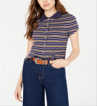 Planet Gold Women's New Polo Striped Button Front Top Blue Size Large