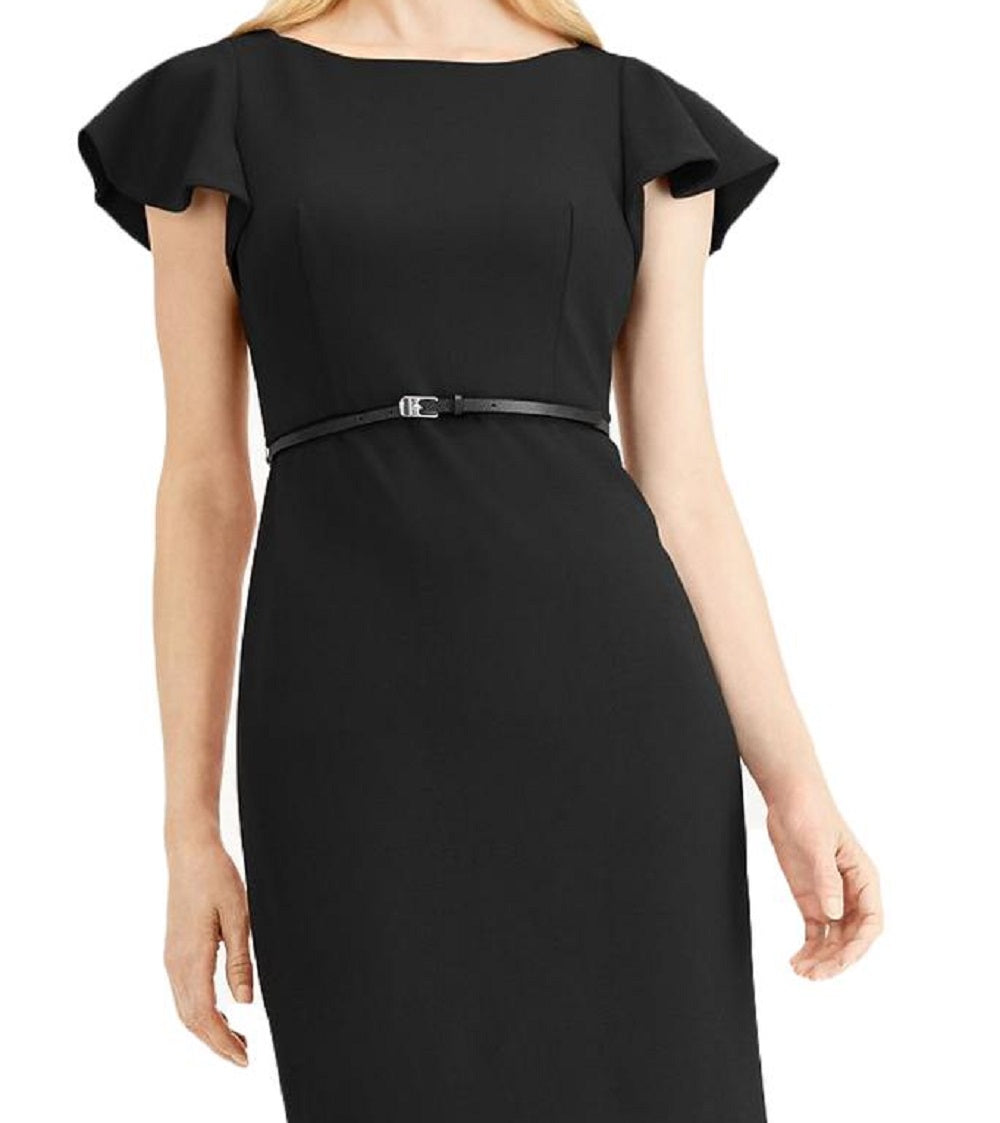 Calvin Klein Women's Belted Ruffle-Sleeve Sheath Dress Black Size 12