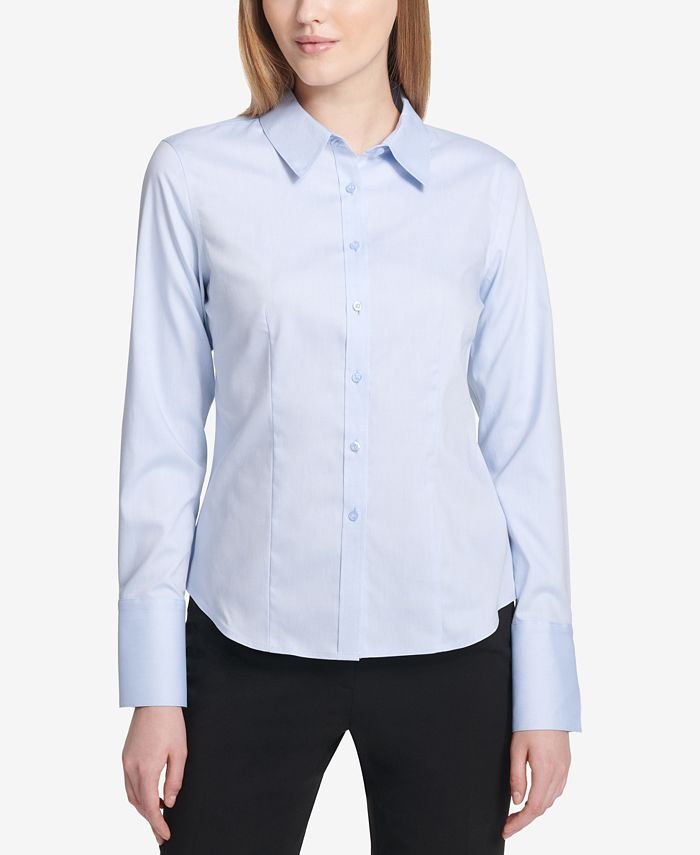 Calvin Klein Women's Cuffed Collared Button Up Top Blue Size 2 Petite