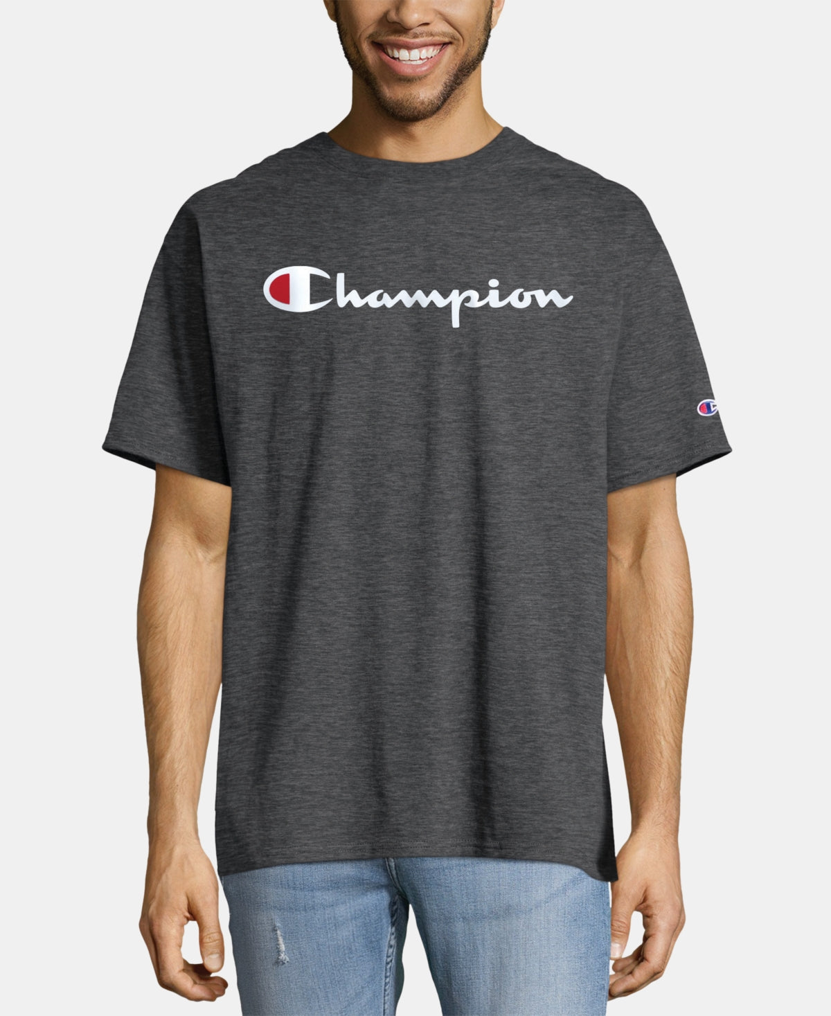 Champion Men's Script Logo T-Shirt Gray Size S
