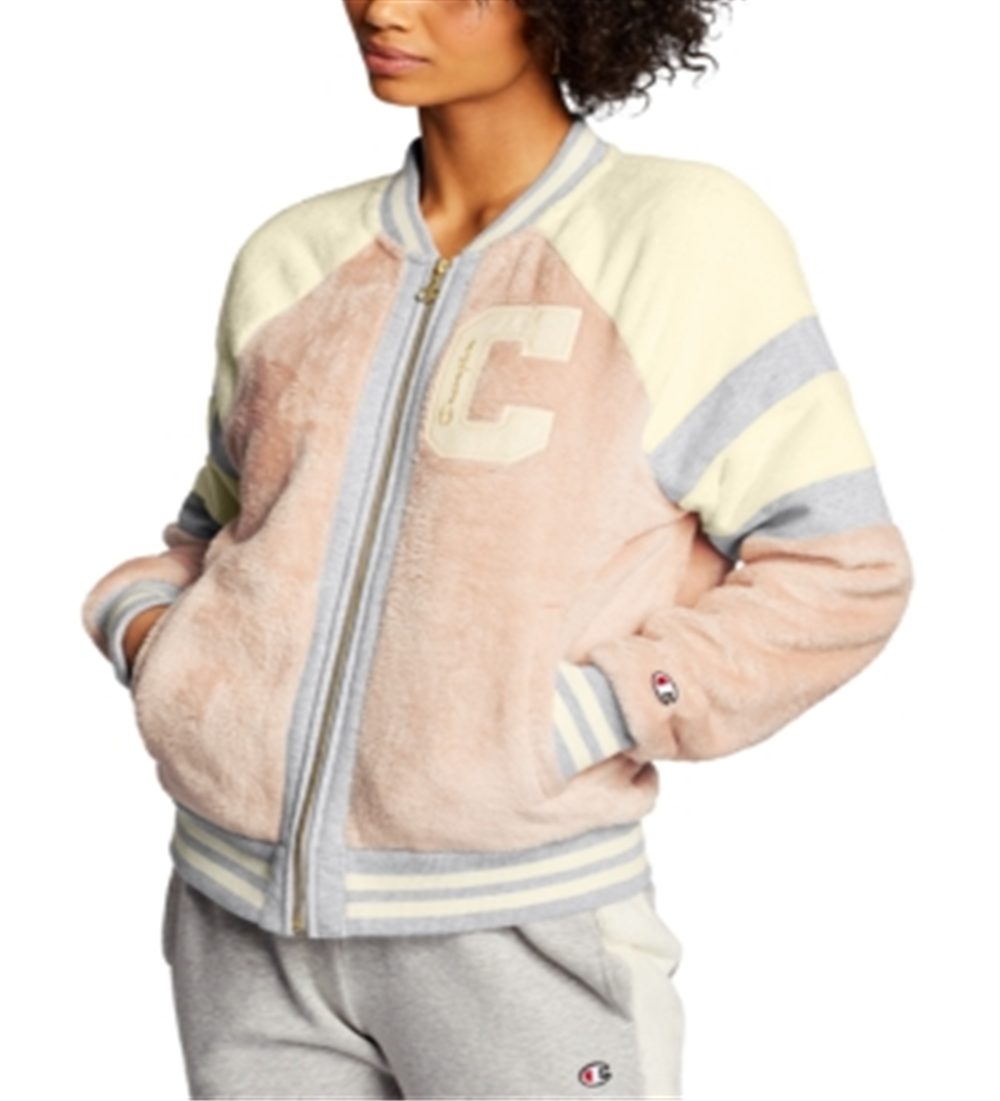 Champion Women's Super Fleece Faux Fur Bomber Jacket Pink Size X-Large