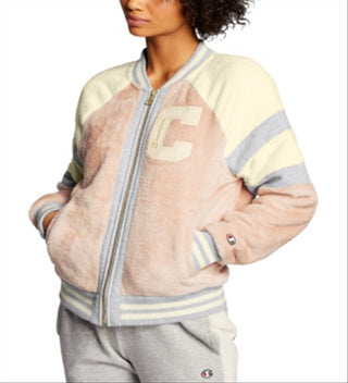 Champion Women's Super Fleece Faux Fur Bomber Jacket Pink Size X-Large
