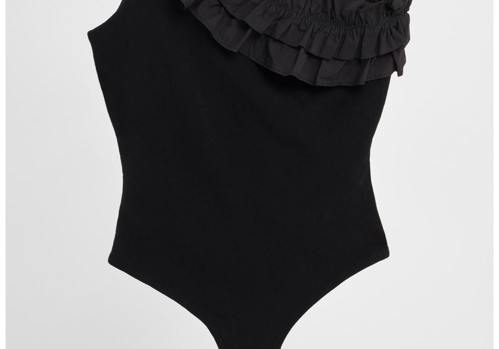 Zara Women's Black Ruffled Asymmetrical Bodysuit Size Medium