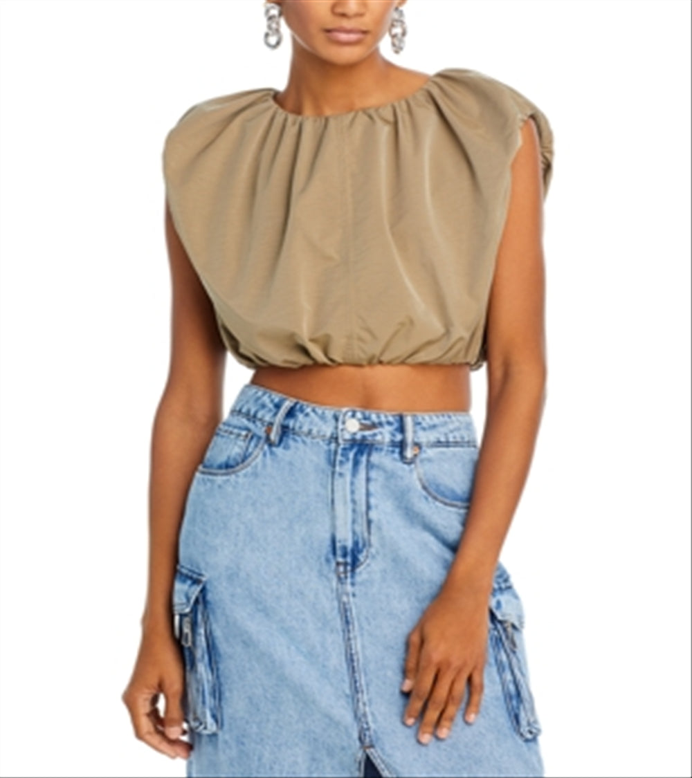 Grey Lab Cropped Balloon Sleeveless Top Khaki
