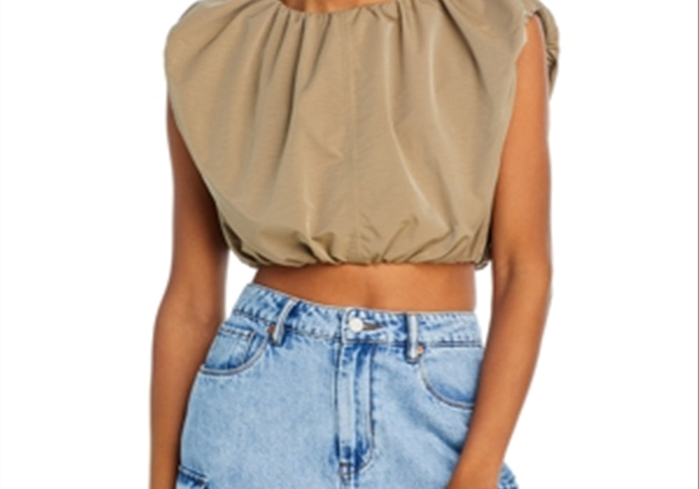 Grey Lab Cropped Balloon Sleeveless Top Khaki