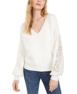 French Connection Women's Textured Long Sleeve V Neck Blouse White Size Medium