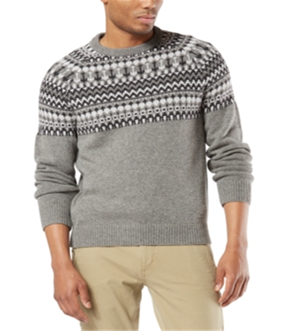 Dockers Men's Fair Isle Long Sleeve Crew Neck Wool Blend Sweater Gray Size Large