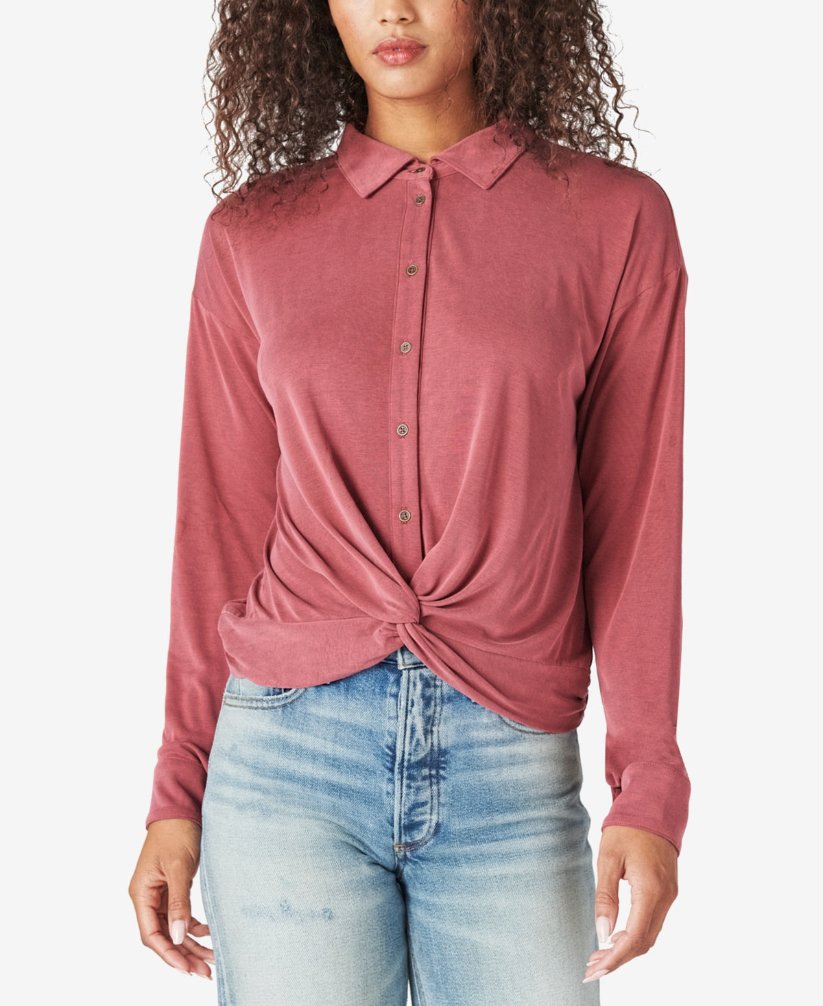 Lucky Brand Women's Twist Hem Knit Button Up Shirt Red Size Small