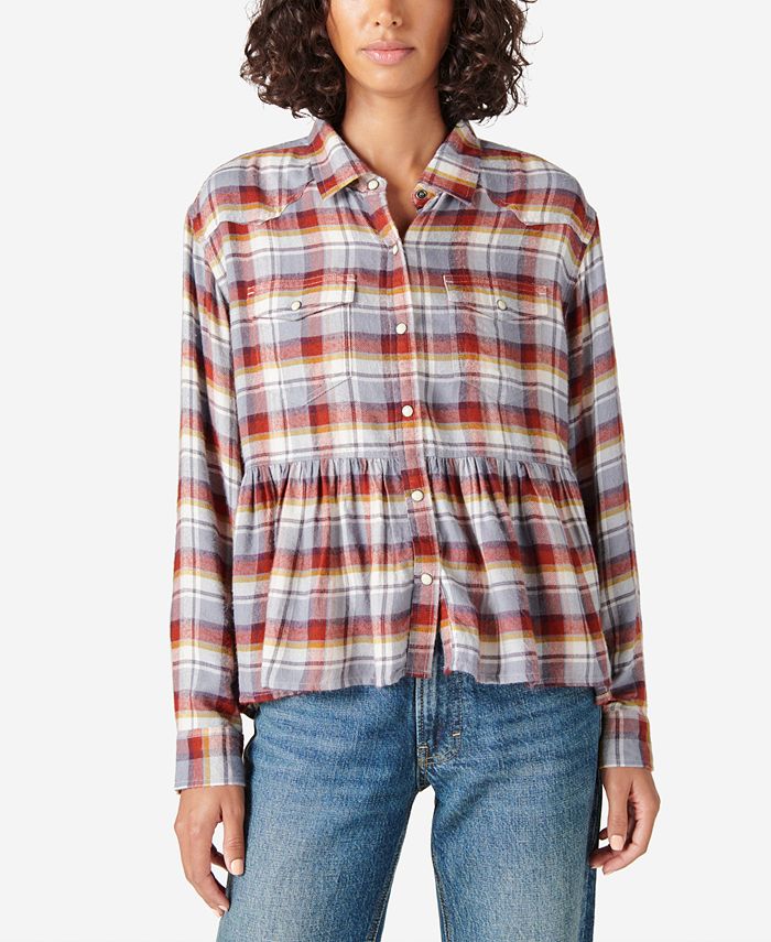 Lucky Brand Women's Plaid Western Babydoll Long Sleeve Shirt Blue