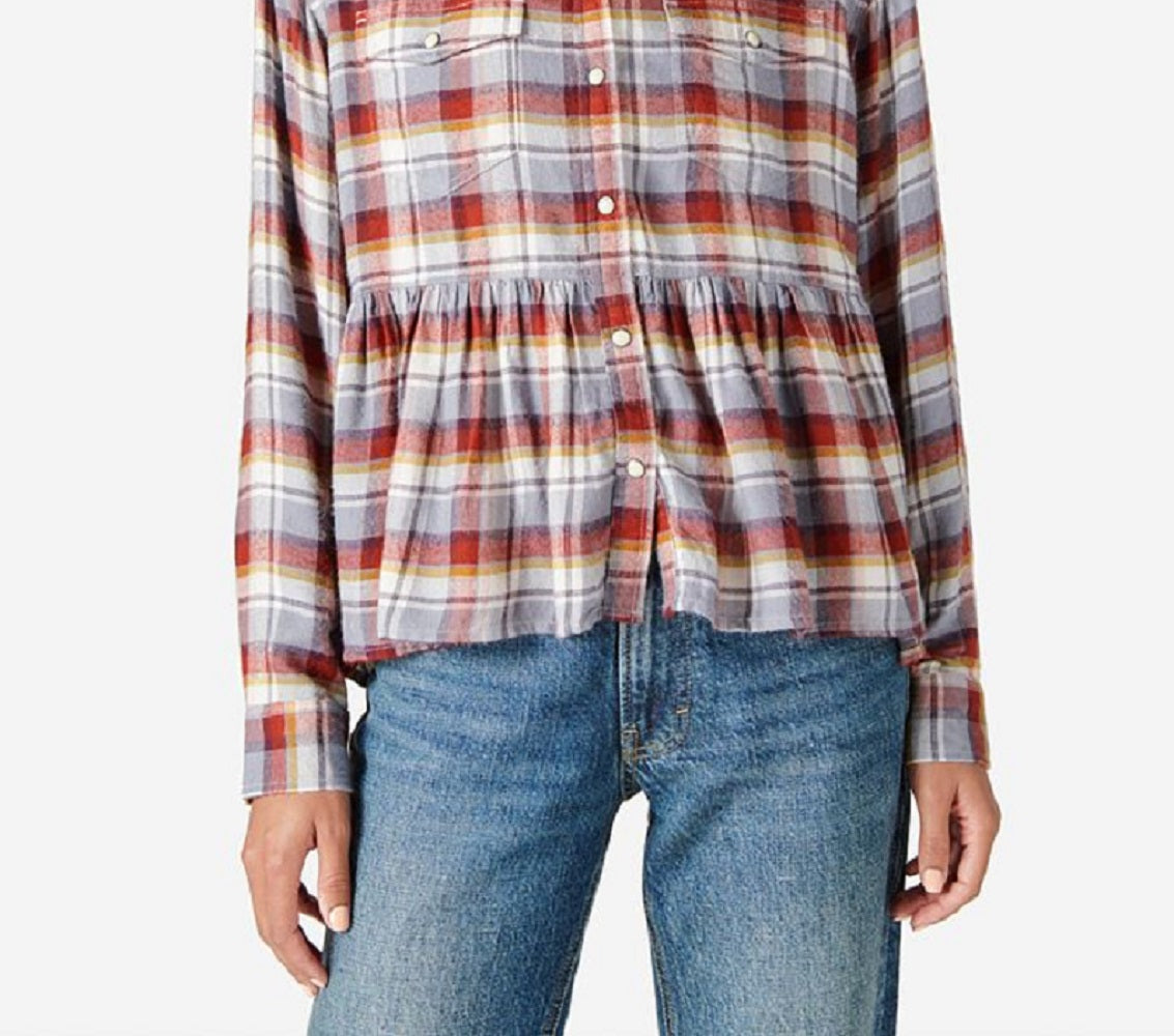 Lucky Brand Women's Plaid Western Babydoll Long Sleeve Shirt Blue