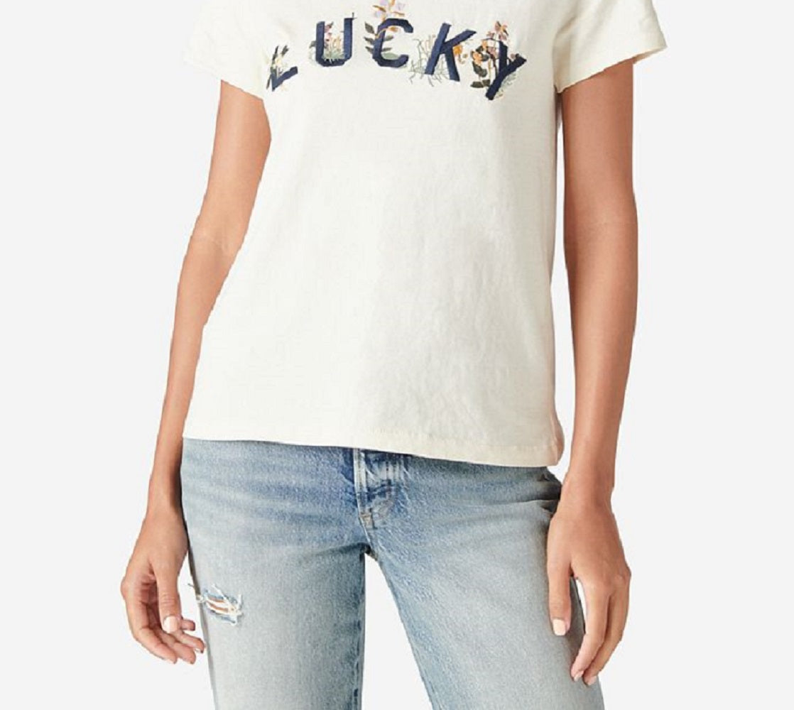 Lucky Brand Women's Floral Embroidered T-Shirt White Size Medium