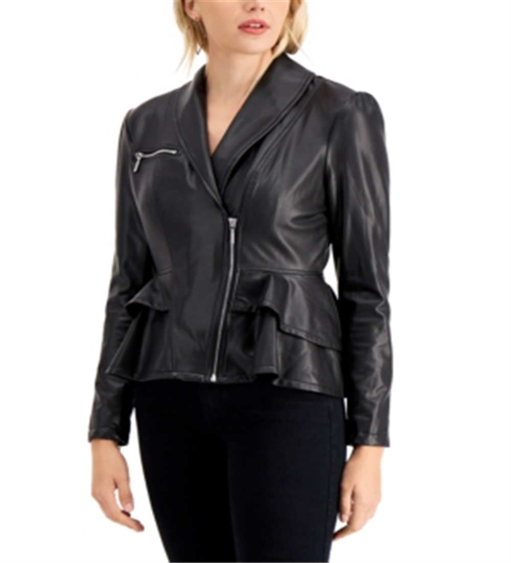 GUESS Women's Westlynn Faux-Leather Peplum Jacket Gray Size X-Large