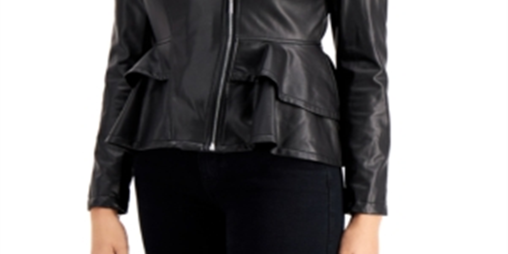 GUESS Women's Westlynn Faux-Leather Peplum Jacket Gray Size X-Large