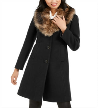 Kate Spade New York Women's Faux Fur Trim Coat  Black Size Large