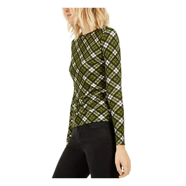 Michael Kors Women's Glen Plaid Long Sleeves Top Green Size Petite Small