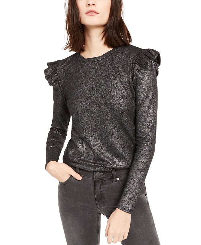 Michael Kors Women's Ruffle Shoulder Metallic Top Gray Size Petite Large