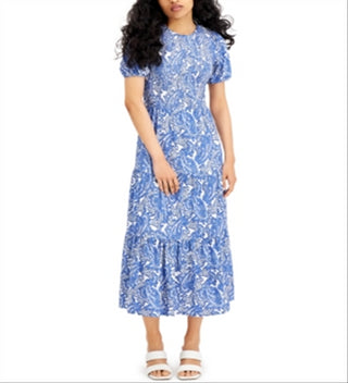 Michael Kors Women's Paisley Smocked Midi Dress Blue Size Large