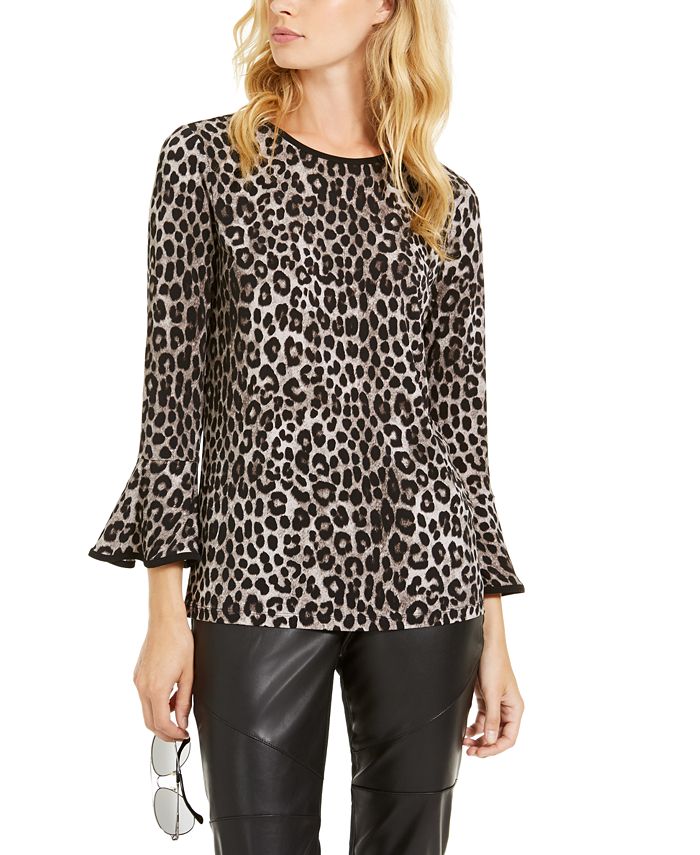 Michael Kors Women's Leopard Print Flare Sleeve Top Gray Size Small