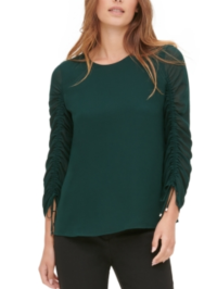 Calvin Klein Women's Scoop-Neck Drawstring-Sleeve Top Green Size Small