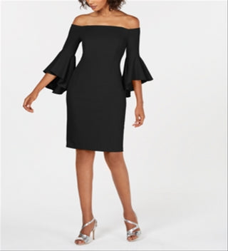 Calvin Klein Womens Ruffled Zippered Bell Sleeve Off Shoulder Knee Length Sheath Cocktail Dress Black Size 6 Petite