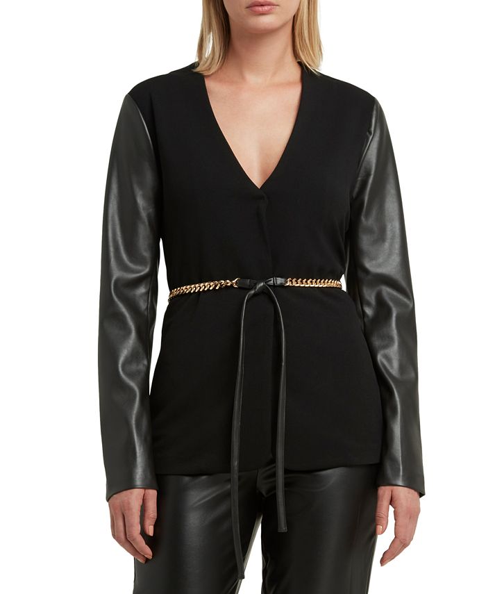 H Halston Women's Collarless Faux Leather Sleeve Belted Blazer Black Size X-Small