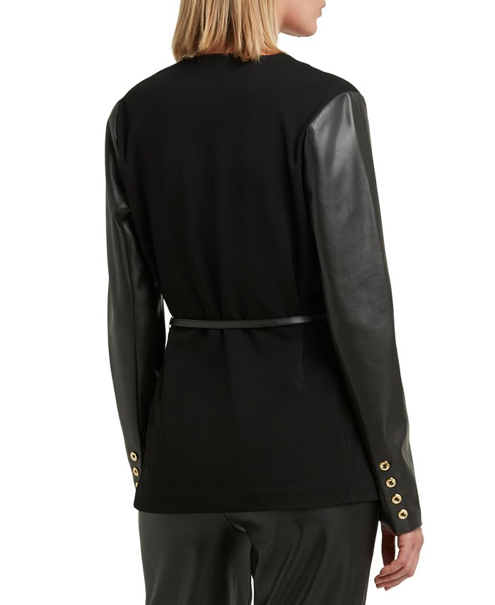 H Halston Women's Collarless Faux Leather Sleeve Belted Blazer Black Size X-Small