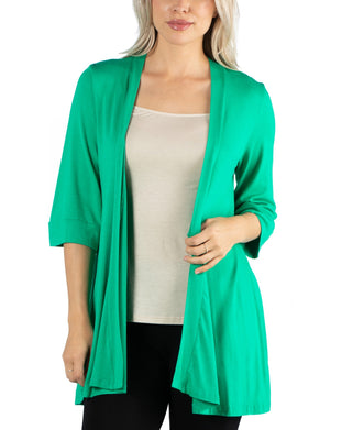 24Seven Comfort Apparel Women's Open Front Elbow Length Sleeve Cardigan Green Size Medium