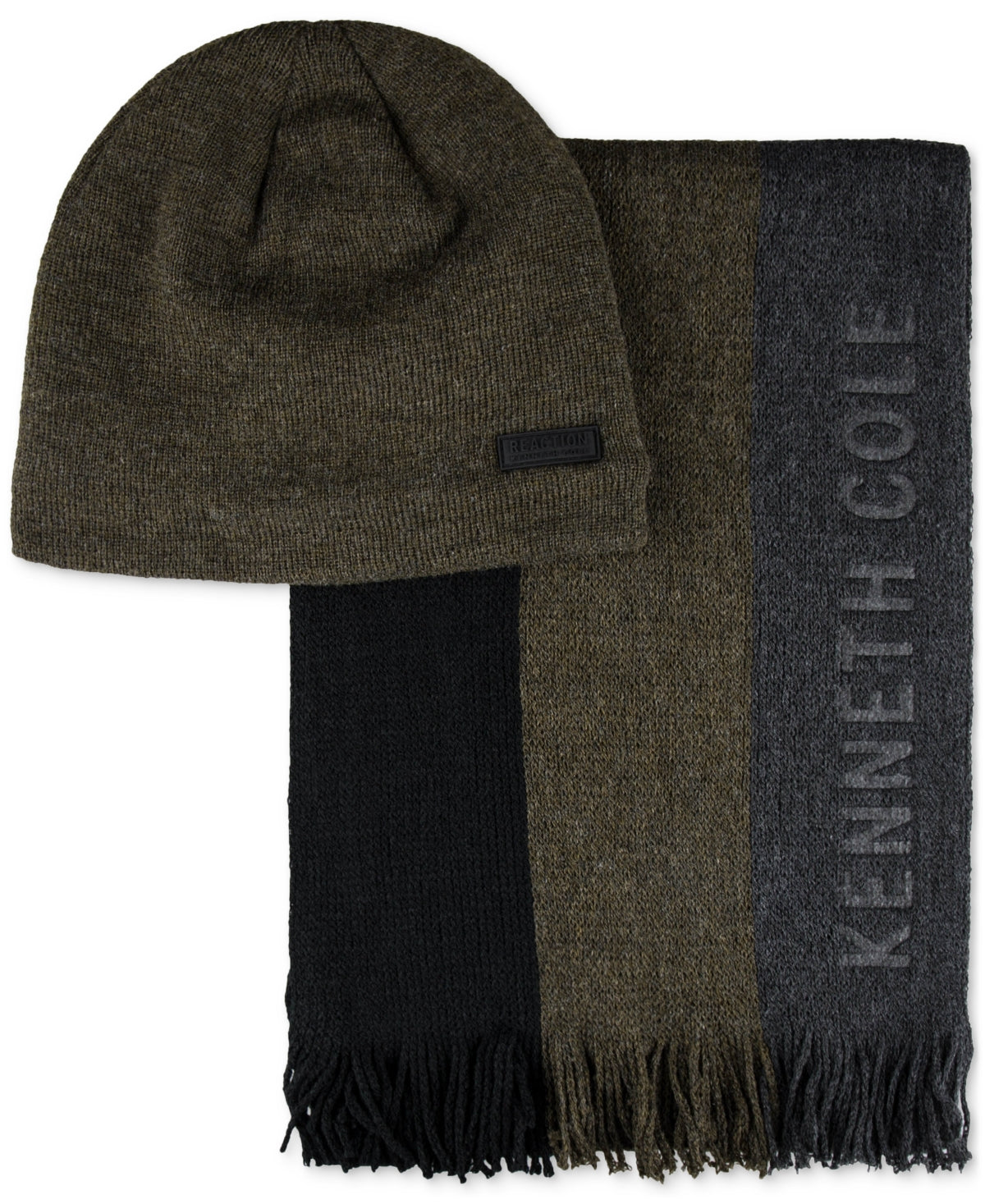 Kenneth Cole Reaction Men's Stripe Logo Scarf & Beanie Green Size Regular