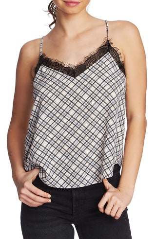 1.STATE Womens Glen Plaid Lace Trim Camisole Top White Size M