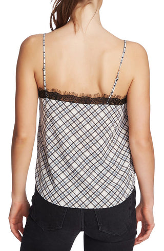 1.STATE Womens Glen Plaid Lace Trim Camisole Top White Size M