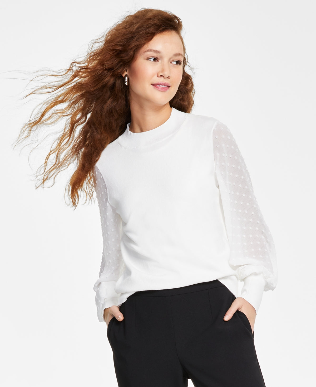 CeCe Women's Clip Dot Sleeve Sweater White Size Medium