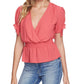 1.STATE Women's Surplice Smocked Waist Top Red Size Small