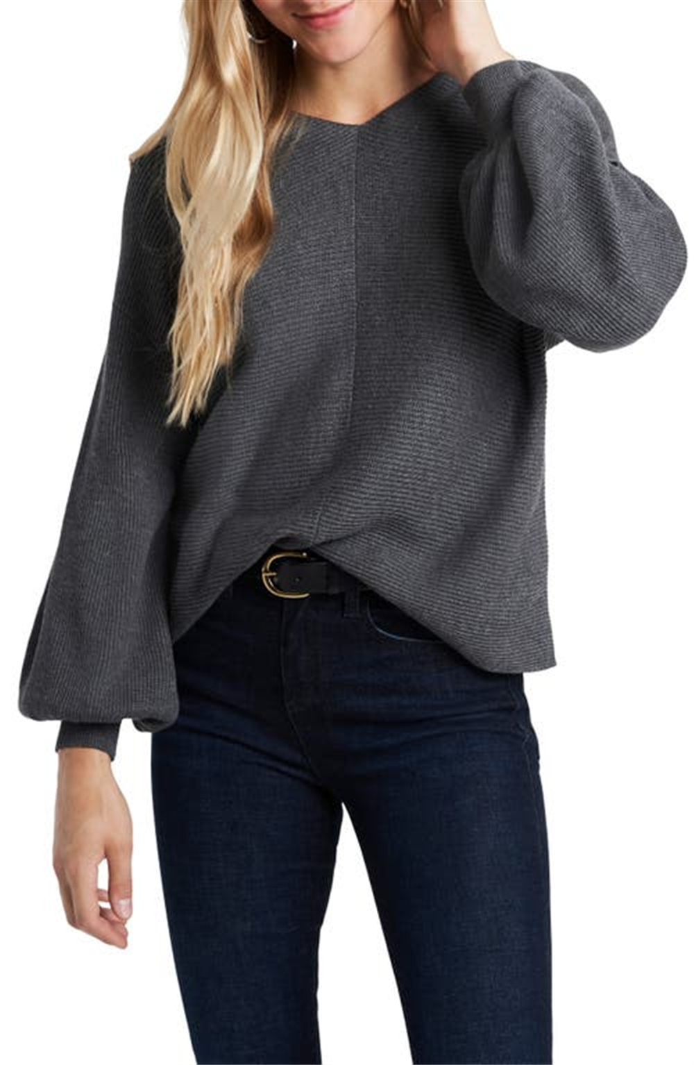 1.state Women's Rib-Knit Bubble Sleeve Sweater Size Medium