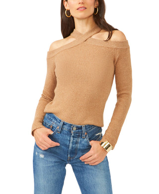 1.STATE Women's Cross Neck Cold Shoulder Cotton Blend Sweater Brown Size Medium