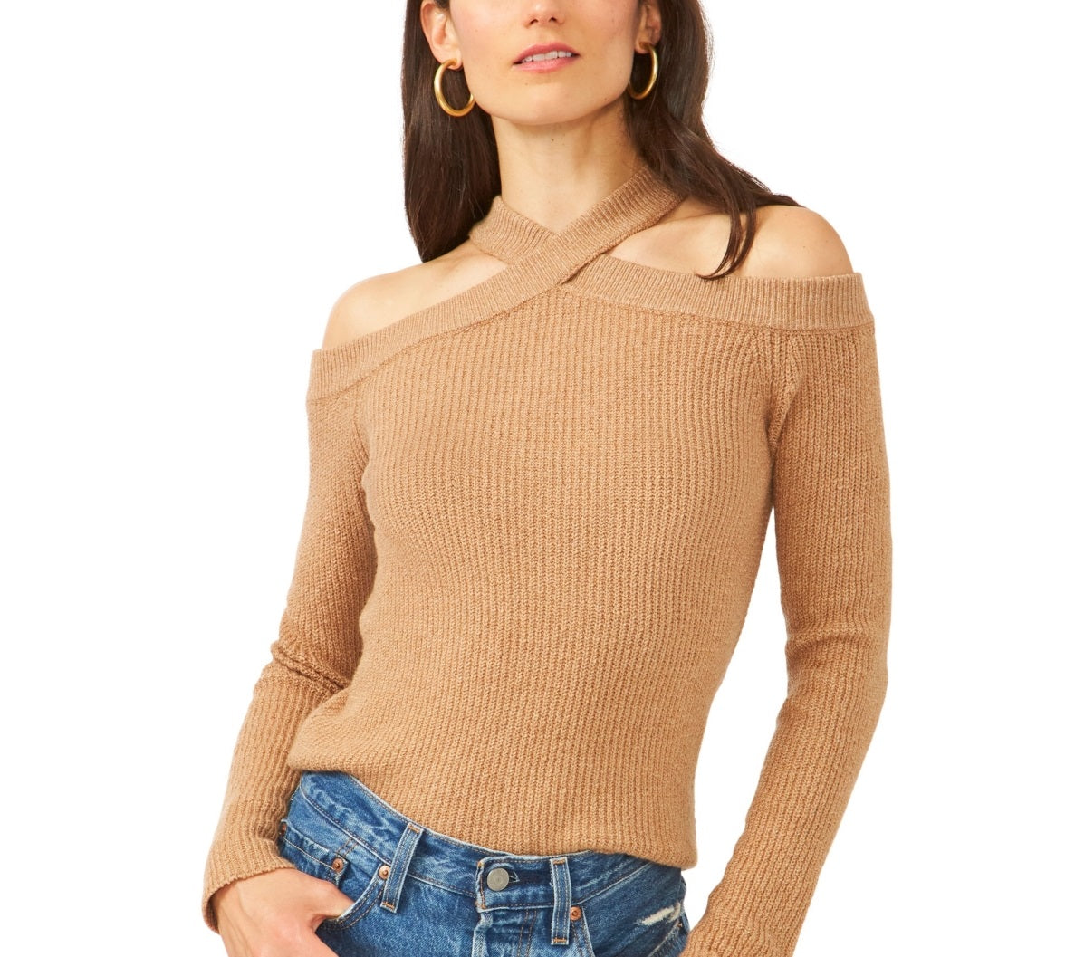 1.STATE Women's Cross Neck Cold Shoulder Cotton Blend Sweater Brown Size Medium