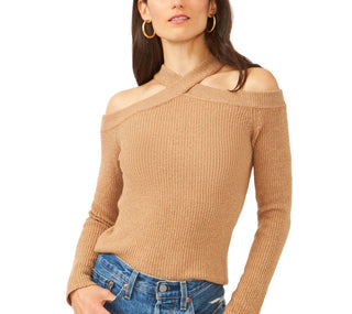 1.STATE Women's Cross Neck Cold Shoulder Cotton Blend Sweater Brown Size Medium