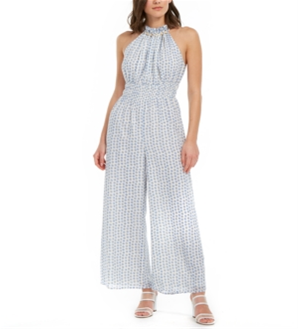 Moon River Women's Polka Dot Halter Neck Wide Leg Jumpsuit White/Blue Size S
