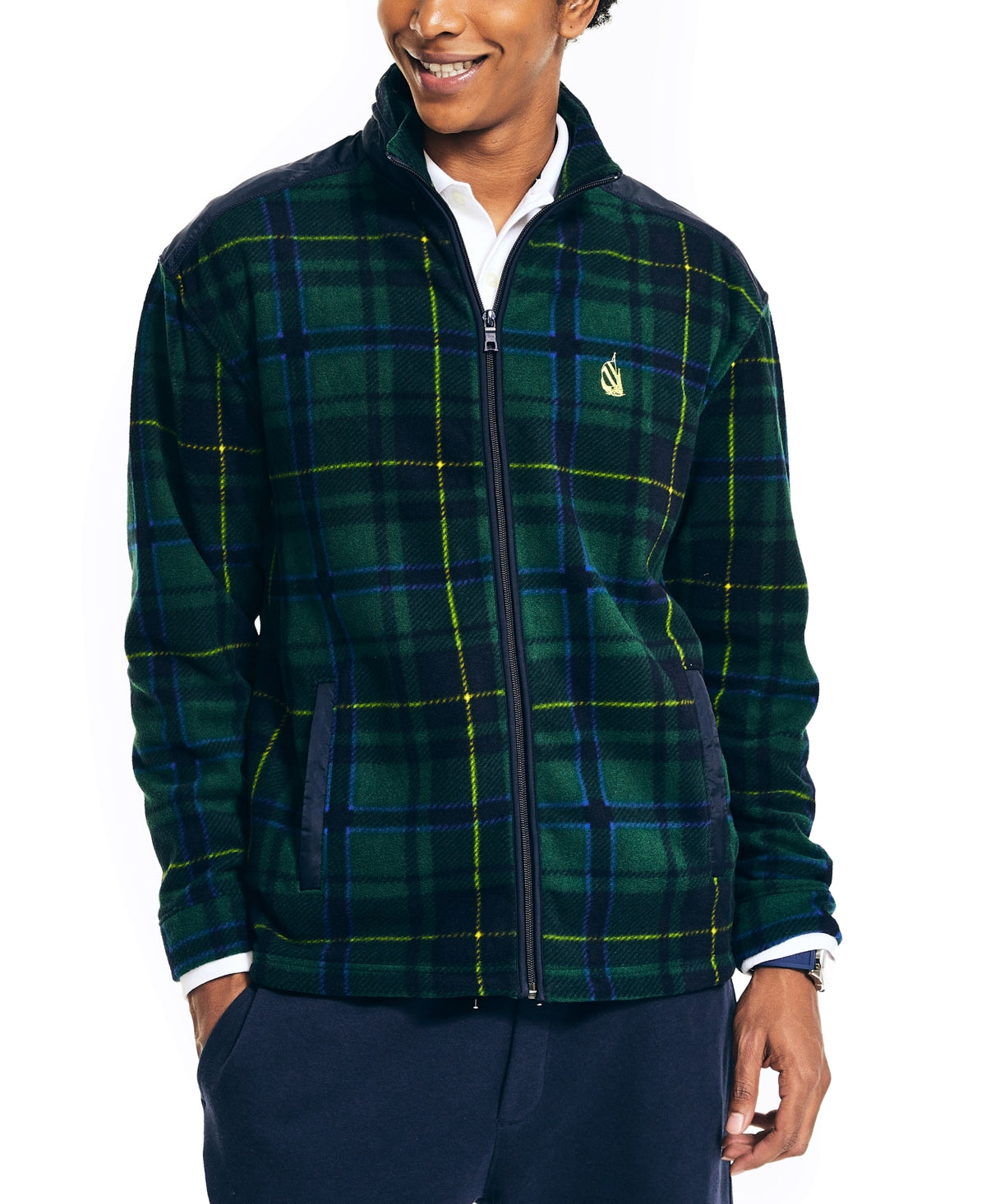 Nautica Men's Nautex Plaid Full-Zip Fleece Jacket Green Size Small