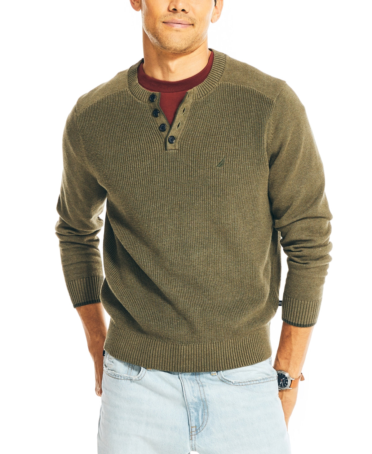 Nautica Men's Sustainably Crafted Textured Henley Sweater Green Size X-Small