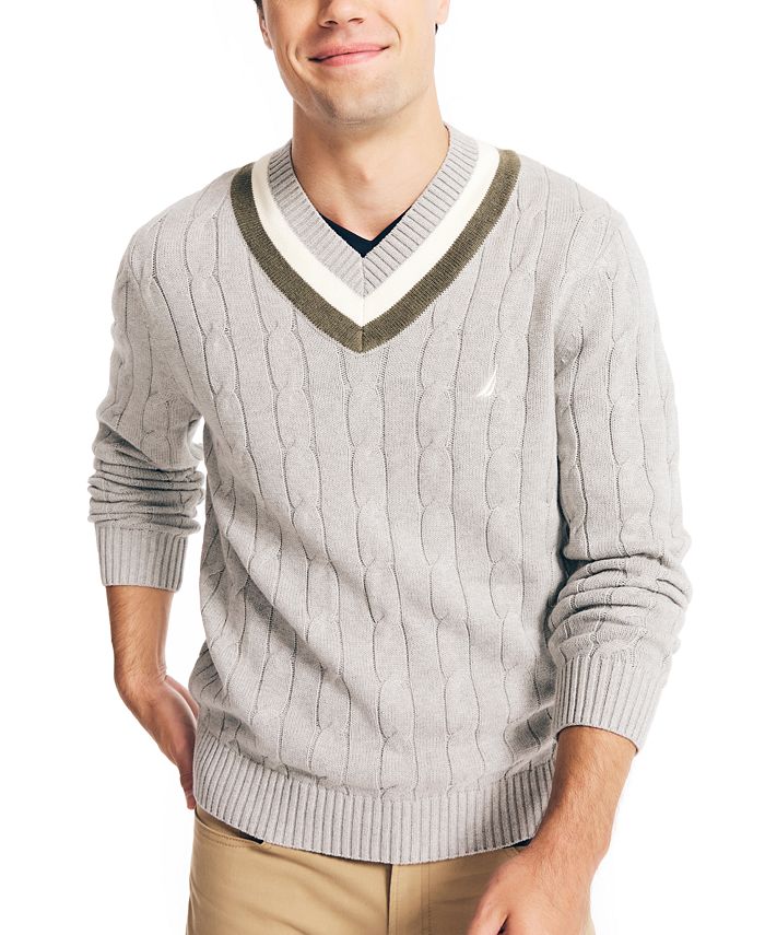 Nautica Men's Cable Knit V neck Varsity Cricket Sweater Gray Size X-Small