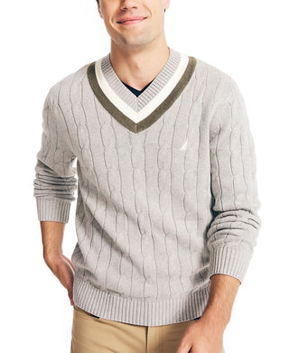 Nautica Men's Cable Knit V neck Varsity Cricket Sweater Gray Size X-Small