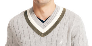 Nautica Men's Cable Knit V neck Varsity Cricket Sweater Gray Size X-Small