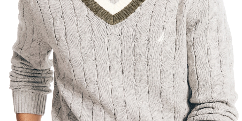 Nautica Men's Cable Knit V neck Varsity Cricket Sweater Gray Size X-Small