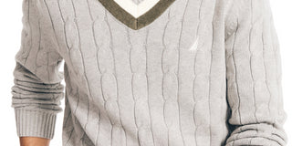 Nautica Men's Cable Knit V neck Varsity Cricket Sweater Gray Size X-Small