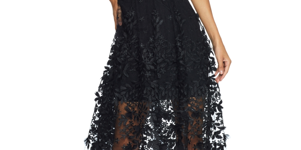 Dress the Population Women's Darleen V Neck Embroidered Mesh Cocktail Dress Black Size Medium